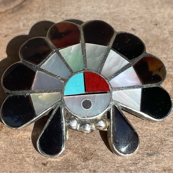 Vintage Signed Zuni Inlay Sun Face Pendant Pin Turquoise Coral Onyx MOP TigerEye - Picture 2 of 12
